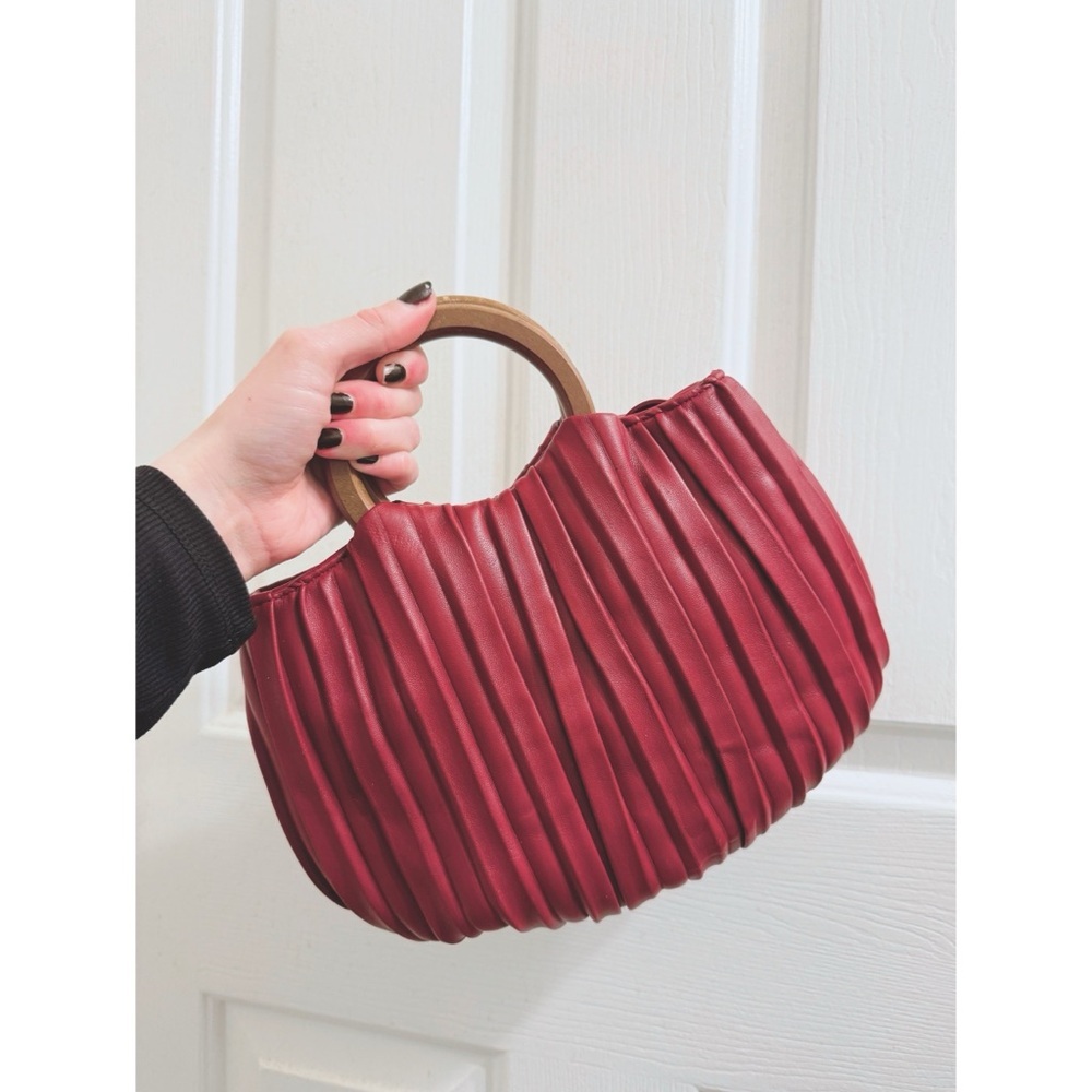 Melie Bianco Pleated Crossbody Bag With Wooden Handles in Burgundy - Picture 8 of 8